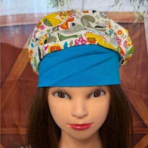 Surgical  Hat with Bright Blue Band and Colorful Pattern